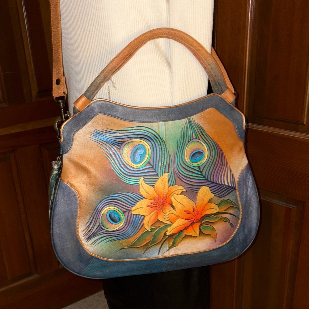 Anuschka Handbag and Matching Wallet with Handpainted  Peacock Feather Design